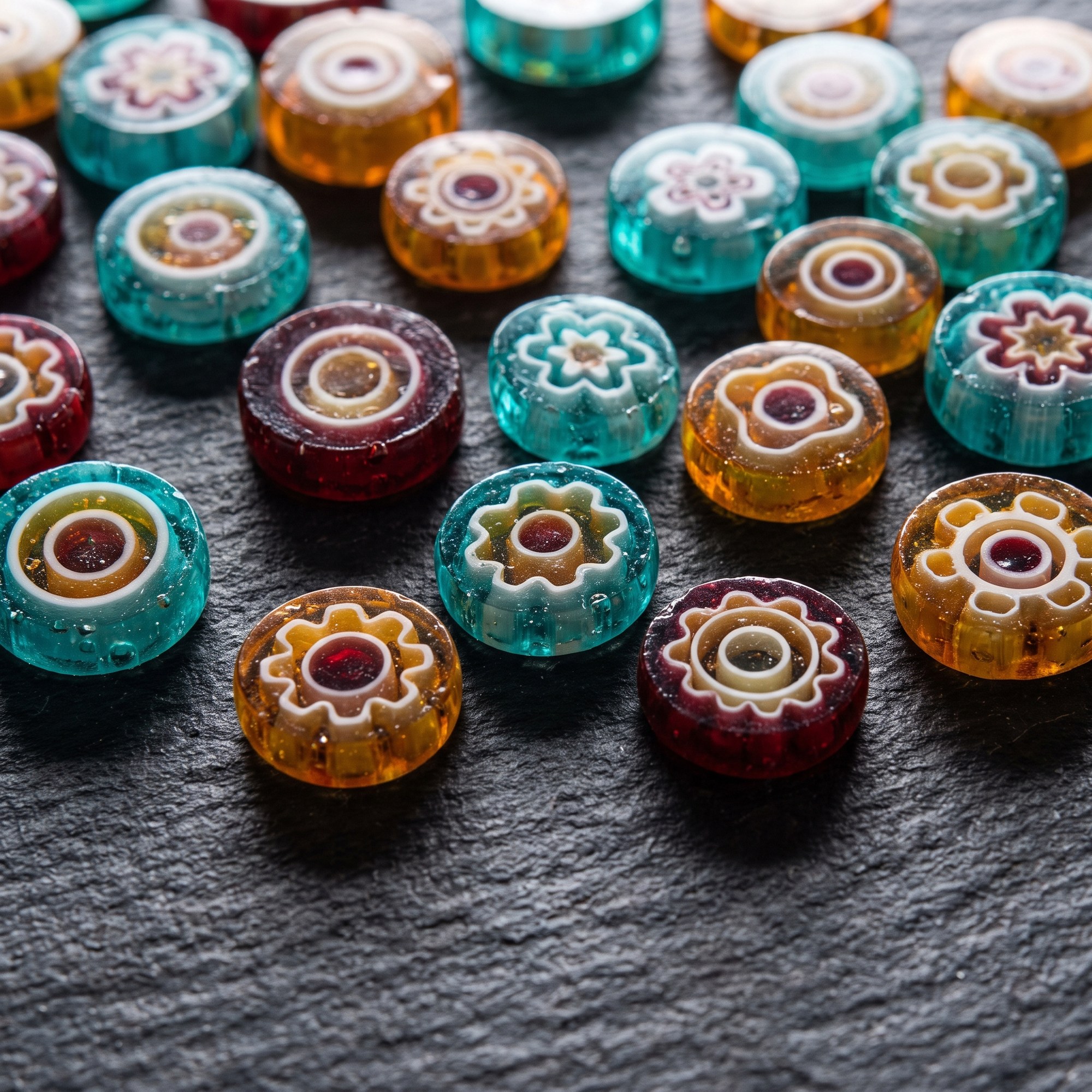 Sliced murrine discs showing flower and target patterns in teal, amber and red glass