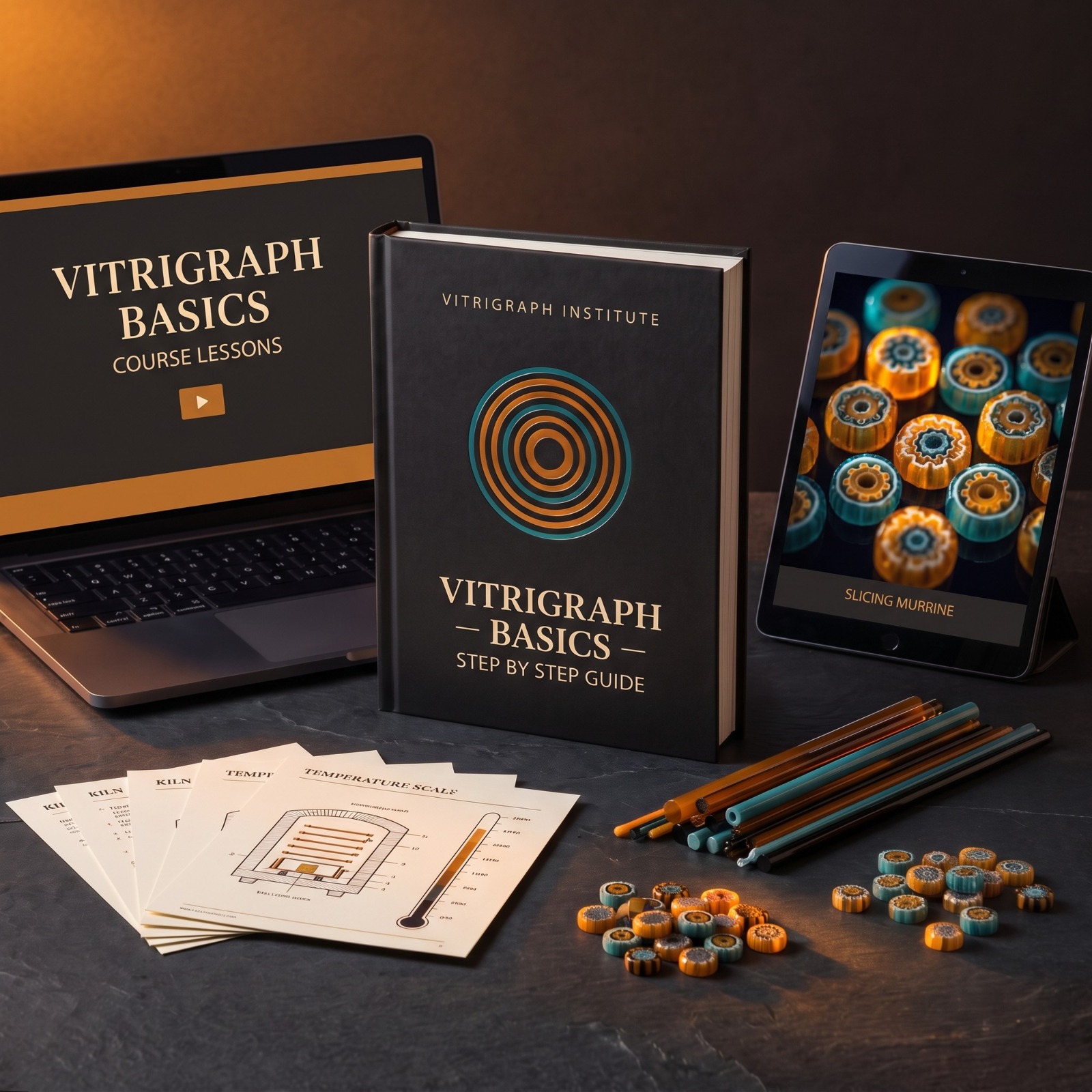 The Vitrigraph Basics course book, video lessons on laptop, slicing murrine on tablet, and printed firing reference sheets