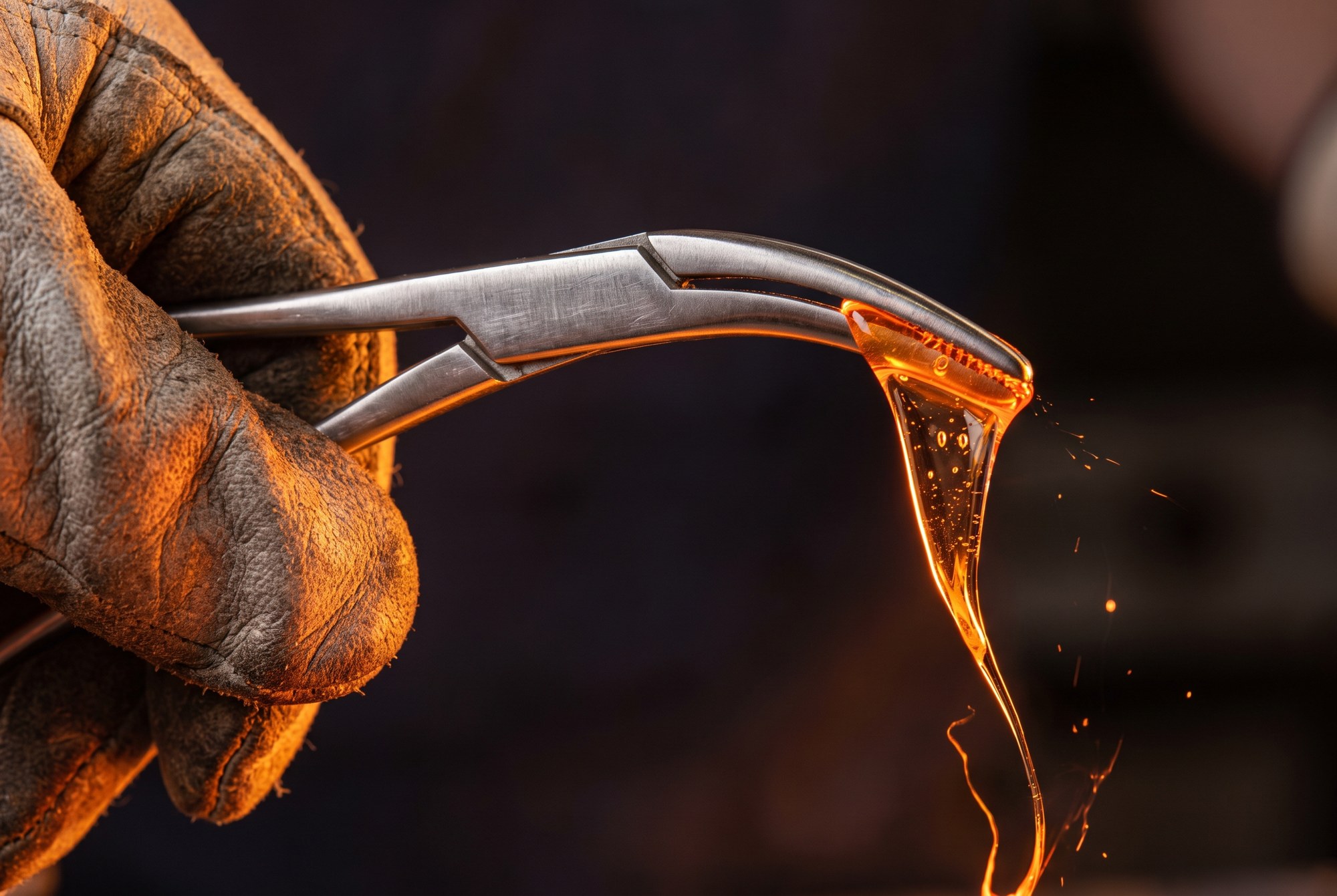 Gloved hand shaping a glowing thread of molten glass with steel jacks as it leaves the kiln