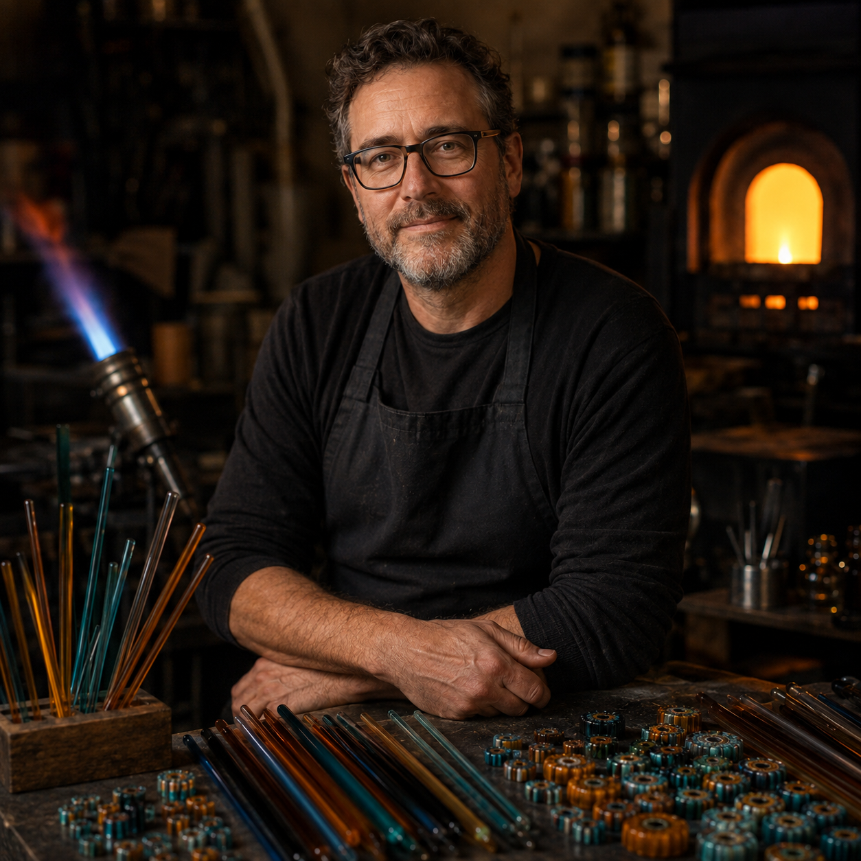 A glass artist in a black apron and glasses seated at his workbench with pulled cane, murrine discs and a lit torch in the background